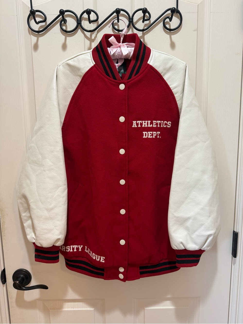 Red and White Varsity Letterman’s Jacket - 'Athletics Dept.' size XS
